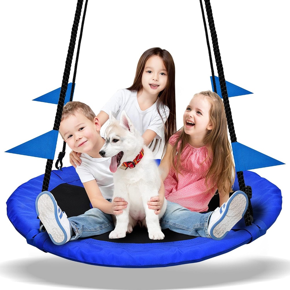 image:image40 Inch Saucer Tree Swing Flying 660lb Weight Capacity 2 Added Hanging Straps Adjustable MultiStrand Ropes Colorful Safe and Durable Swing Seat for Children Adults  BlueBright Blue